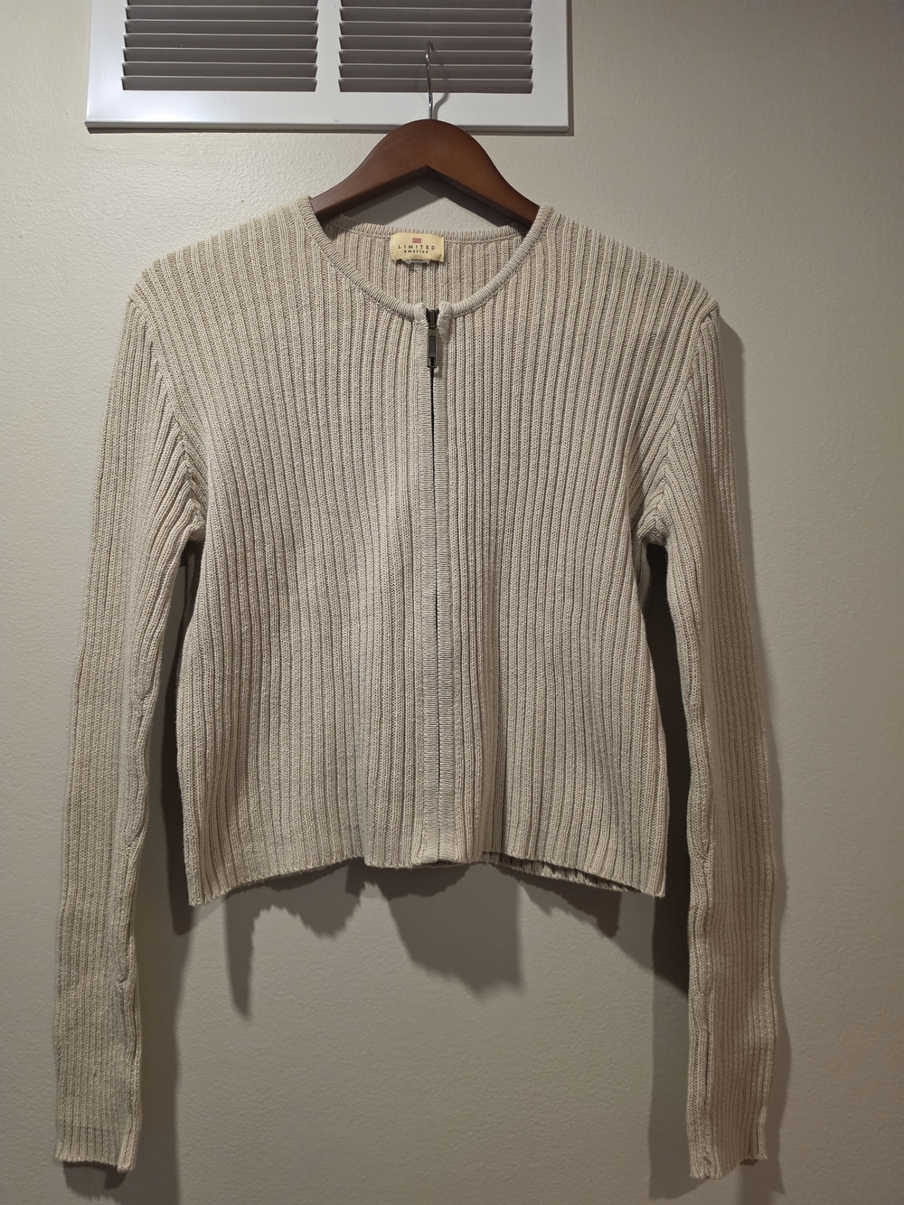 VTG Limited America 90s Ribbed Full Zip Knit Cardigan Cream Oatmeal Minimalist M
